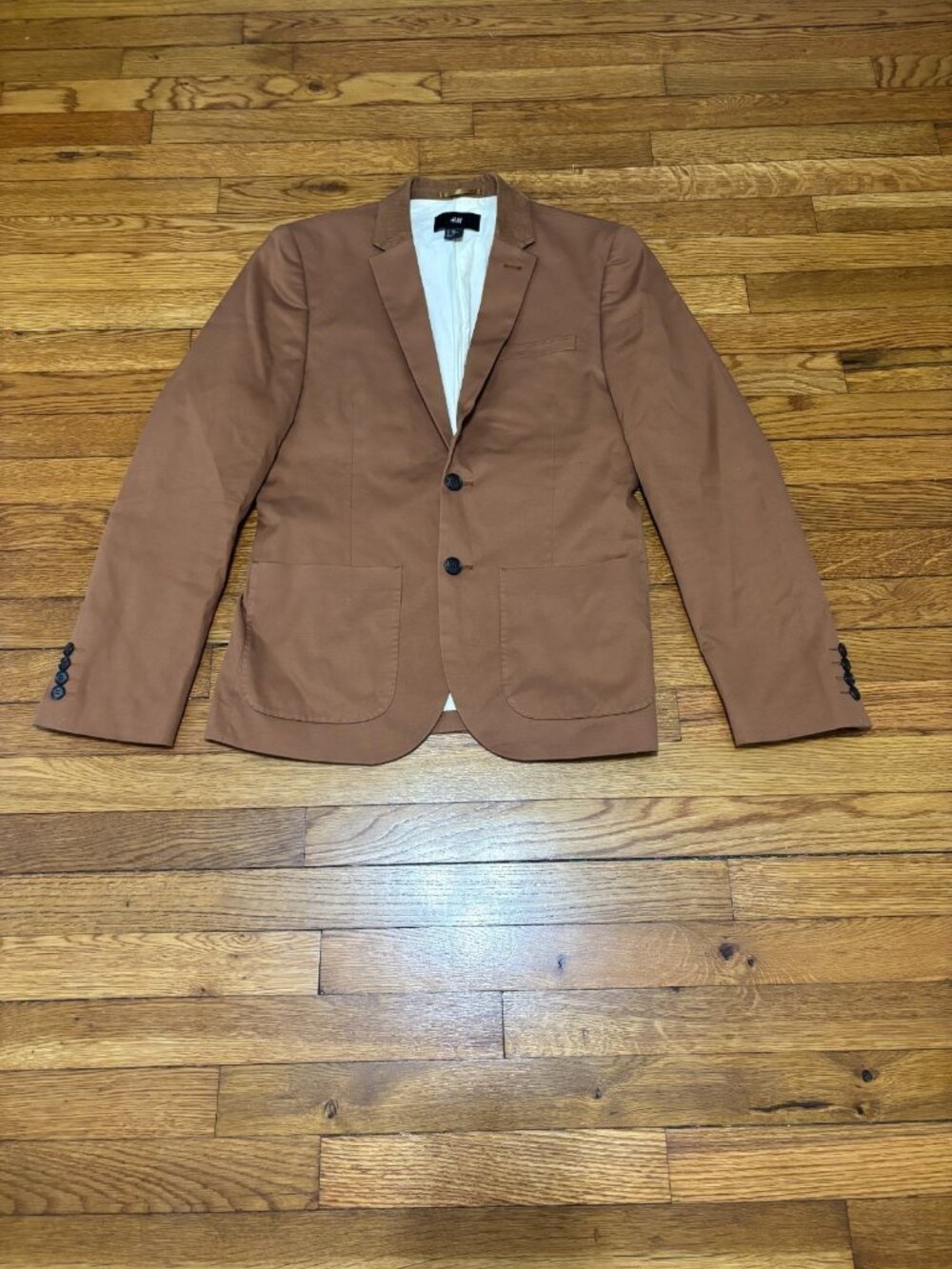 H&M Men's Blazer Jacket Size 36R Brown Solid Cotton Twill w/ Corduroy Collar